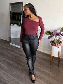 Tyla Gomez Yuwenier Rave High Waist Button Fly PU Leather Stretchy Skinny Pants Casual Trousers Music Festival - Black - View 4