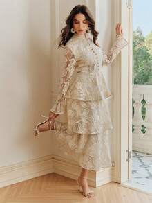 Anewsta Women's Elegant Embroidered Fabric Dress, Flared Sleeves, Ruffle Hem, Suitable For Parties And Gatherings - Beige - View 6