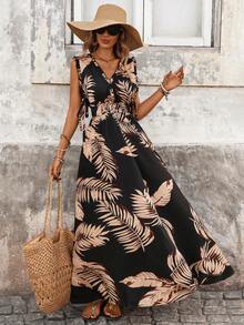 SHEIN Holidaya V领扎染连衣裙，休闲度假风 - 黑色 - 查看 6