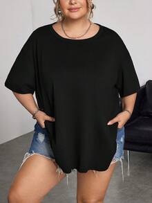 SHEIN CURVE+ 3pcs/Set Plus Size Summer Loose Fit Crew Neck Versatile Short Sleeve T-Shirts In White, Black And Gray,Curve Plus ,Hoho Vacation, Summer Tops - Black - View 5