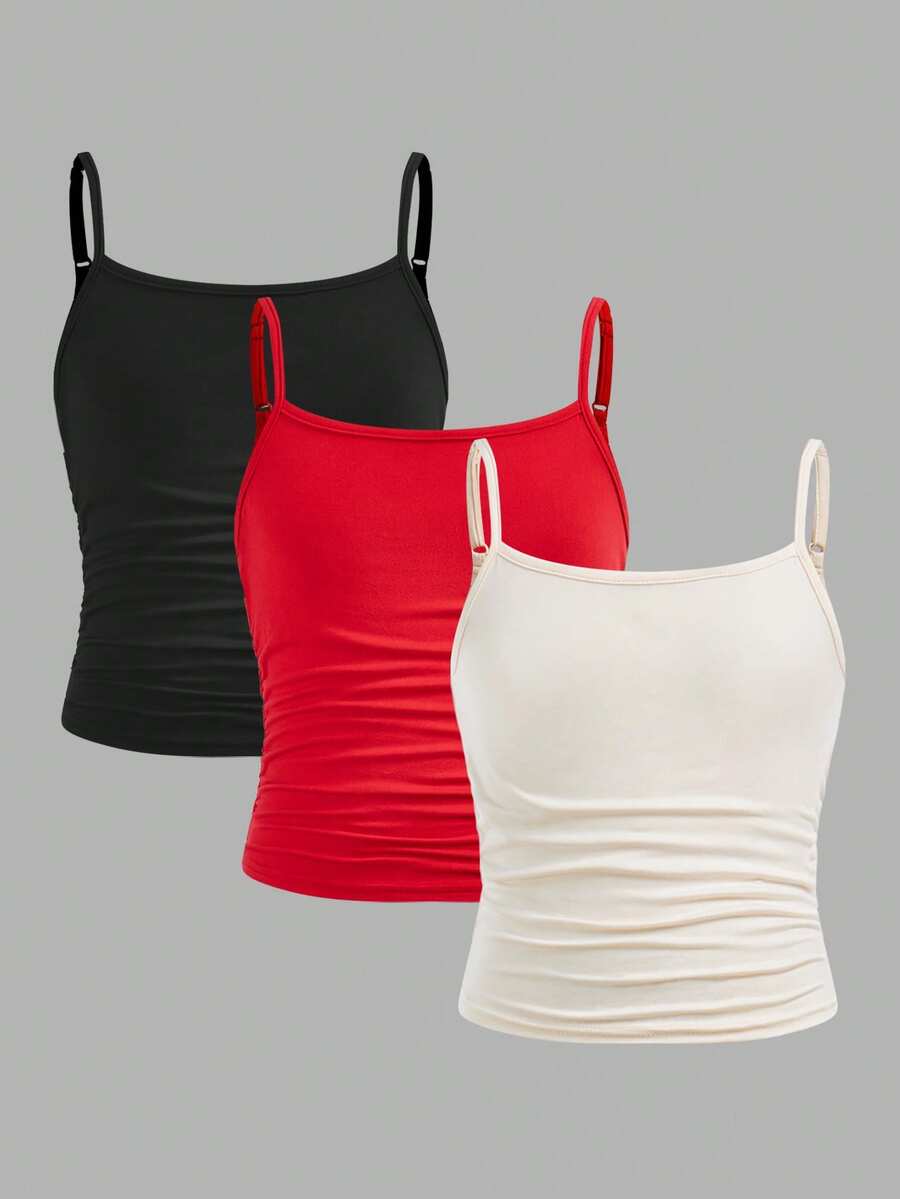 SHEIN Girlism 3件套 少女修身休闲运动吊带背心基础款上衣 - 紅色 - 查看 1