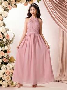 Pitira 儿童夏季长裙套装，柔软舒适，适合少女优雅无袖纯色网纱刺绣A字长裙，可作伴娘、舞会、派对、春夏礼服，少女伴娘礼服，青少年正式礼服，腮红粉/灰粉色少女连衣裙，优雅蕾丝伴娘舞会礼服，优雅派对礼服 - 粉色 - 查看 6