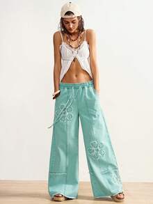 Bohemela Women's Casual Fashion Street Chic Daily Commute Drawstring Waist Raw Edge Floral Pattern Seam Front Loose Wide Leg Jeans Spring Outfit Women Valentines Day Beach Pants Spring Outfit Women   Beach Pants  Vacation Y2k Clothes - Army Green - View 5