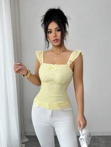 SHEIN Elenzya Elegant Sleeveless Women's Top. Soft Lace Fabric In Light Yellow, Ruffle Hem Flattering Slim Fit Design, Suitable For Daily Outings, Commuting, Dates, Parties, And Various Occasions - Yellow - View 4