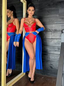 Fantasy Costume 4pcs Superhero Style Colorblock Lingerie Costume Set For Women - Multicolor - View 1