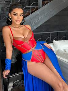 Fantasy Costume 4pcs Superhero Style Colorblock Lingerie Costume Set For Women - Multicolor - View 3