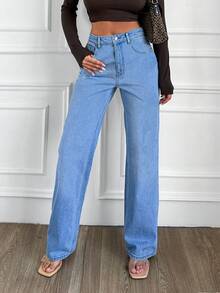 EURMUSE High Waisted Straight Leg Jeans - Light Wash - View 4