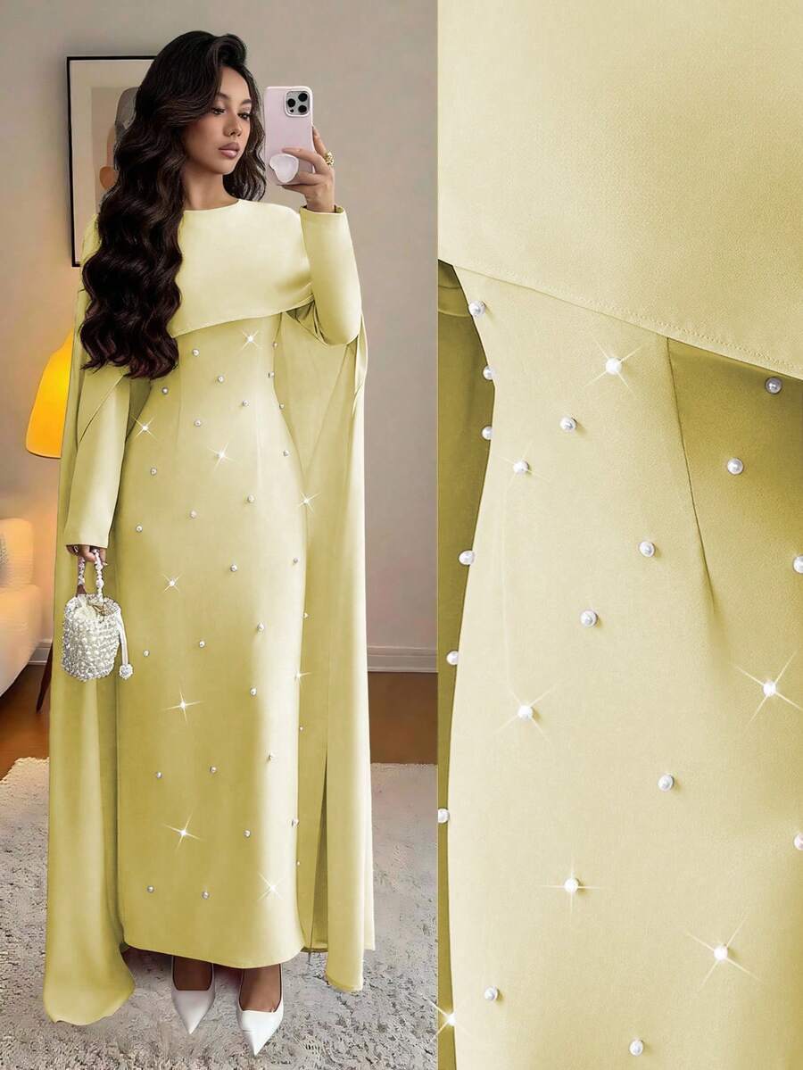 Elenzga Đầm maxi dự tiệc nữ mùa thu/đông, cổ tròn, tay dài, dáng xòe, đính ngọc trai, đính eo, thanh lịch và đa năng. - Vàng nhạt - Xem 1