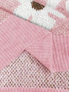 EMERY ROSE Women's Casual Fluffy Flower Pattern Round Neck Drop Shoulder Long Sleeve Knit Pullover Sweater, Autumn/Winter - Pink - View 3