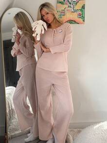 DAZY 2pcs Cartoon Bear Pattern Loose Long Sleeve & Long Pants Women Pajama Set - Pink - View 8