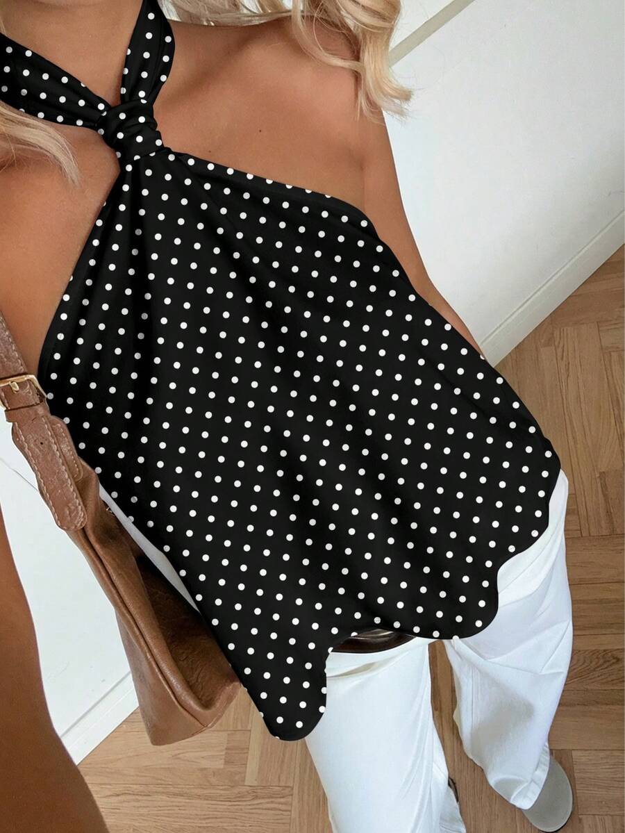 SHEIN EZwear Áo nữ kiểu dáng retro thoải mái, họa tiết chấm bi in toàn thân, thích hợp cho mùa xuân/hè, kỳ nghỉ, tiệc retro. - Nhiều màu - Xem 1