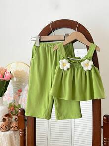 SHEIN Babygirl Summer Cute Knitted Green Floral Print Camisole & Elastic Waist Pants Set - Green - View 3