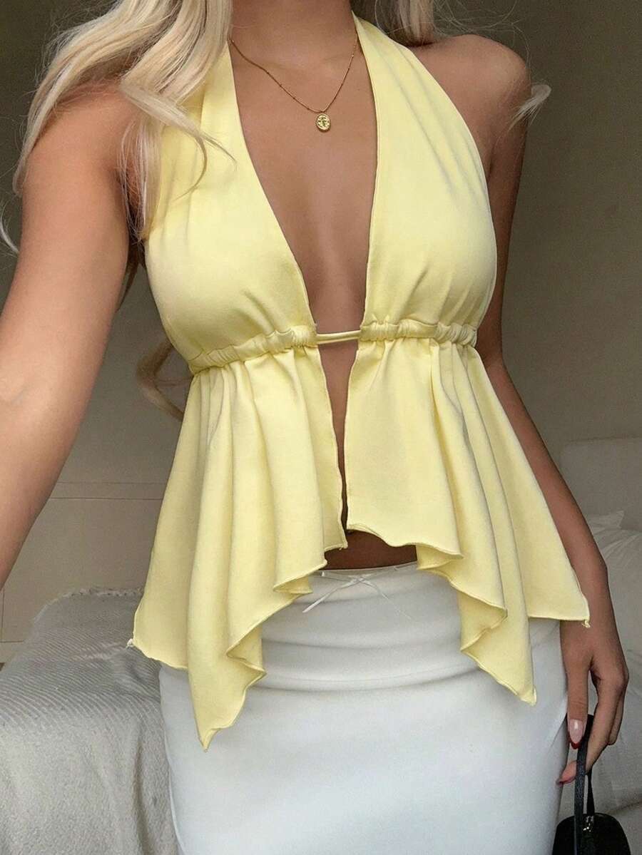 CovetEZ Women's Casual Cream Yellow Backless Asymmetrical Hem Fitted Halter Neck Camisole, Suitable For Vacation, Summer - Multicolor - View 1