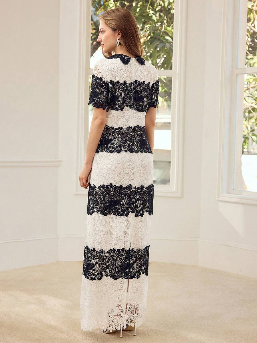MOTF PREMIUM FASHIONABLE COLORBLOCK LACE LONG DRESS FOR WOMEN - Black and White - View 2