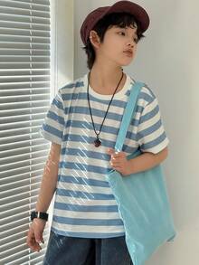 DAZY Camiseta casual de manga corta y cuello redondo con rayas para niño preadolescente, de corte holgado y versátil - Azul - Ver 3