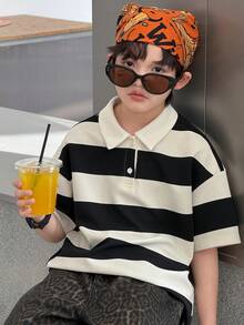 DAZY Tween Boy Casual Striped Quarter Button Short Sleeve T-Shirt, Summer - Black and White - View 2