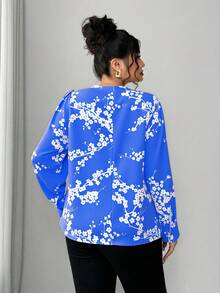 Elenzga 大码女式休闲度假印花宽松漏斗领灯笼袖上衣，春秋季 - 藍色 - 查看 2