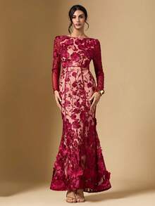 Briarwyn 女士优雅派对3D立体花卉刺绣网纱连衣裙 - 酒紅色 - 查看 3