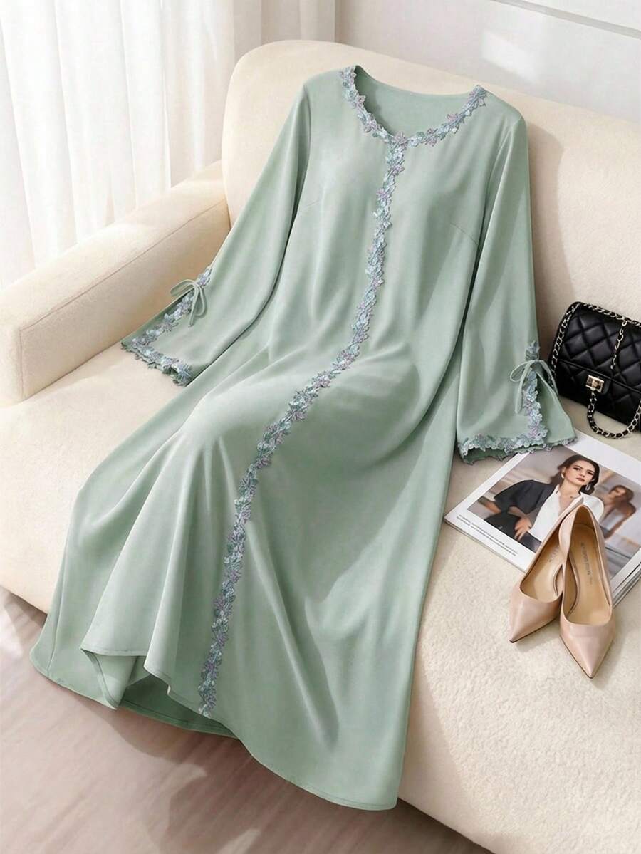 Al Najma Women's Elegant Embroidered Applique Turkish Abaya & Arabic Traditional Maxi Dress - Baby Blue - View 1