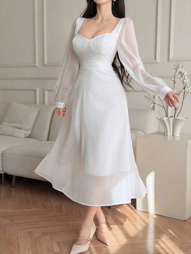 Women's Lace Patchwork Waist Maxi Elegant Dress Sundress