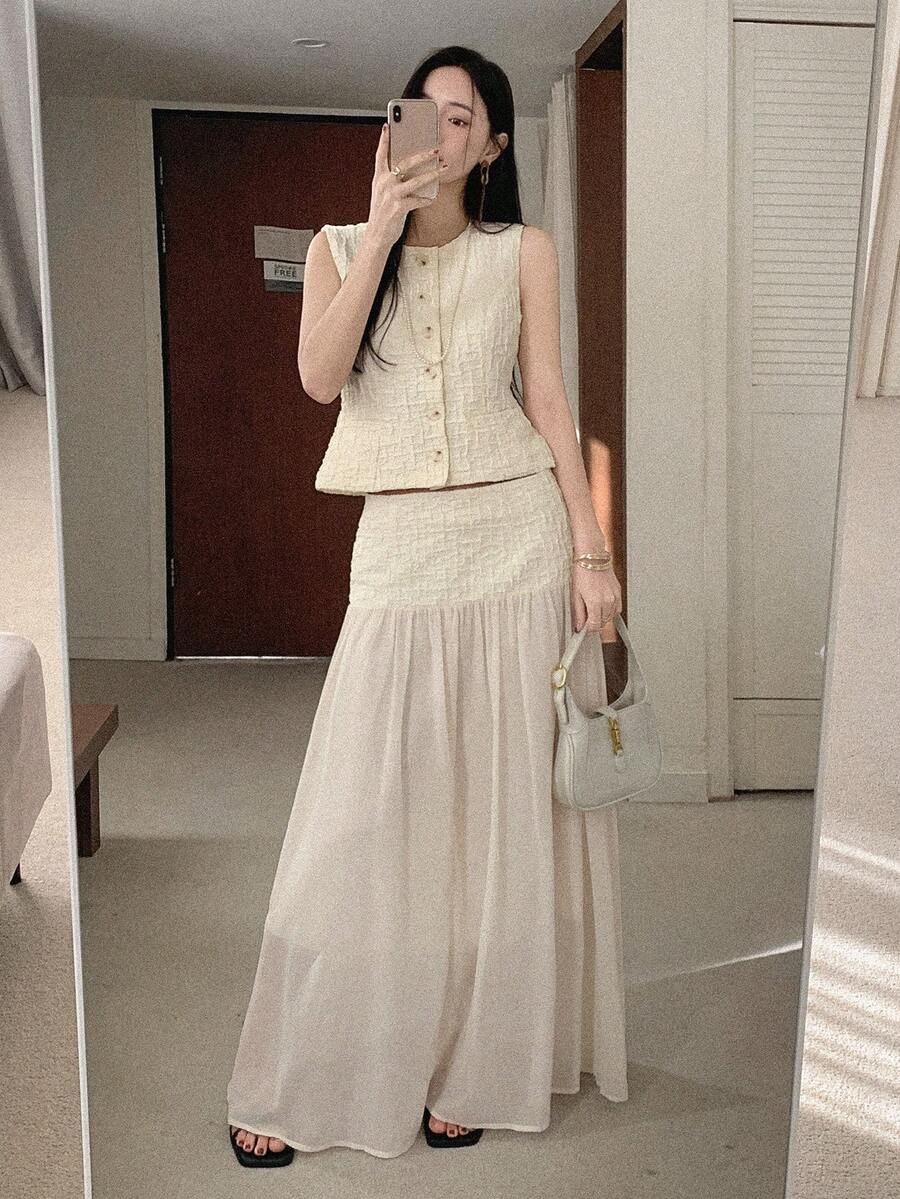 DAZY 女士纹理无袖背心和长裙两件套休闲度假套装家居服套装 - 杏色 - 查看 1