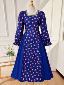 一件少女碎花连衣裙，方领金色蕾丝边，长喇叭袖，及地长款，侧边拼接，春季款 - 藍色 - 查看 6