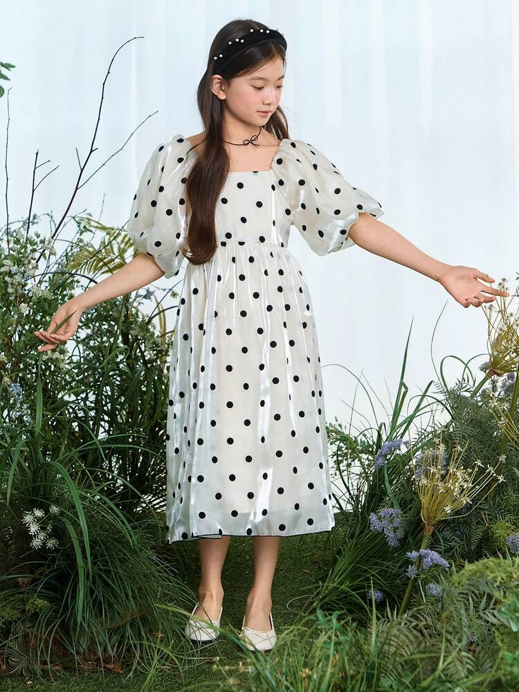 Tween Girls' Square Neck Short Sleeve Polka Dot Elegant Dress