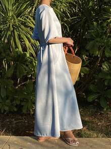 DAZY Women's Summer V-Neck Puff Sleeve Short Sleeve Casual Denim Dress - Light Wash - View 5