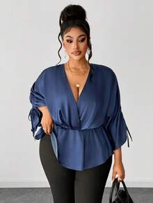 Maweii Plus Size Women's Navy Blue Autumn Elegant Office Satin Blouse,Shiny V-Neck Drawstring Bow Tie Top,Versatile Chic Casual Party Date Night Fashion - Navy Blue - View 6