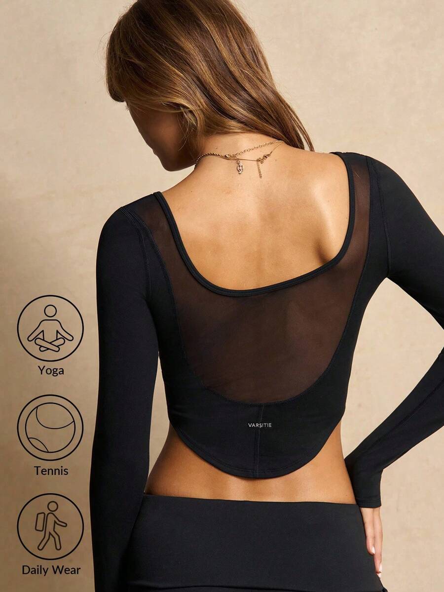 VARSIVA 网眼拼接修身长袖短款运动T恤