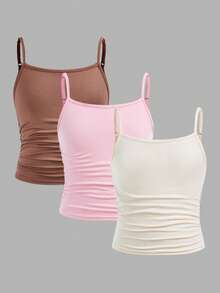 SHEIN Girlism 3件套 少女修身休闲运动吊带背心基础款上衣 - 粉色 - 查看 1