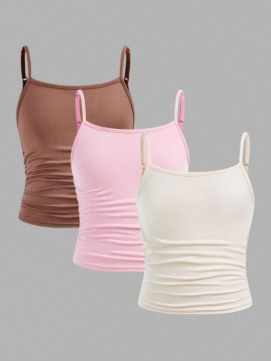 SHEIN Girlism 3件套 少女修身休闲运动吊带背心基础款上衣 - 粉色 - 查看 1