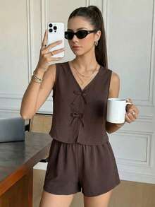 Reset Phase 2pcs/Set Casual Minimalist Fashion Set For Teenage Girls, Includes Solid Color Sleeveless Cardigan With Bow And Solid Color Casual Shorts, Suitable For Daily Wear, Walking, And Staying At Home - Brown - View 1