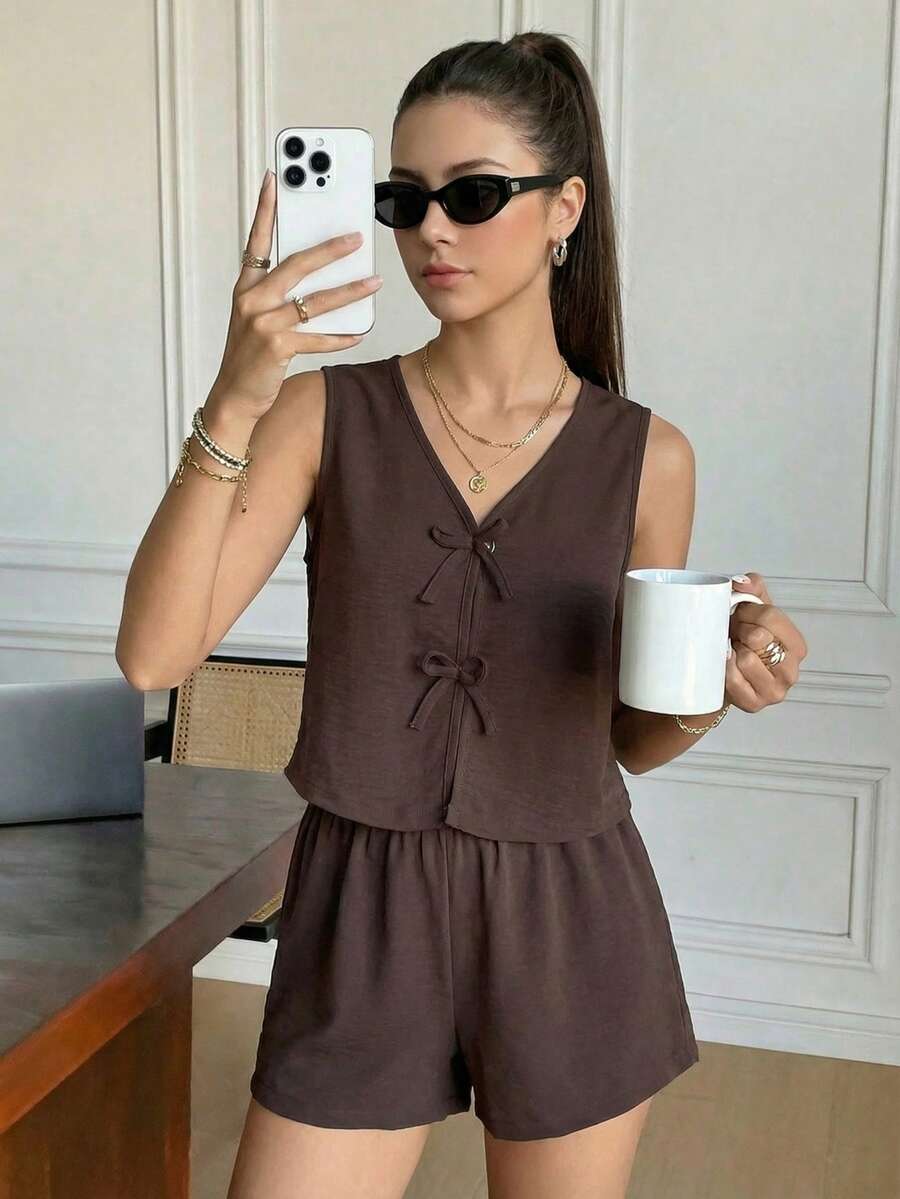 Reset Phase 2pcs/Set Casual Minimalist Fashion Set For Teenage Girls, Includes Solid Color Sleeveless Cardigan With Bow And Solid Color Casual Shorts, Suitable For Daily Wear, Walking, And Staying At Home - Brown - View 1