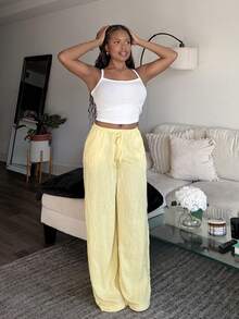 Tyla Gomez 女士亚麻低腰直筒休闲裤，适合休闲度假 - 黃色 - 查看 4