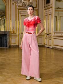 LOTSLUV 女士粉色和红色渐变爱心印花圆领短袖针织修身连体衣，情人节 - 粉色 - 查看 7