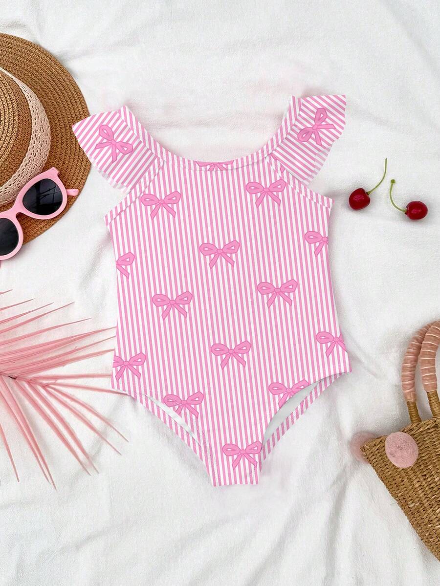 SHEIN Bộ áo liền quần cho bé gái in hình nơ kẻ sọc dễ thương, màu hồng kem, thích hợp cho kỳ nghỉ biển, kiểu dáng ôm sát, phù hợp cho nàng công chúa mùa hè sành điệu, những ngôi sao nhỏ, đồ bơi cho bé gái, lãng mạn cho kỳ nghỉ. - Hồng - Xem 1