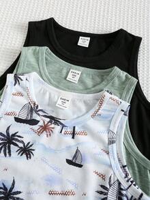 SHEIN 3件套男童休闲度假风椰树印花无袖宽松针织背心套装，6件套背心短裤套装，舒适时尚，百搭柔软面料，适合日常穿着、旅行、户外活动、假日派对、夏季海滩度假、春夏季节。 - 彩色 - 查看 5