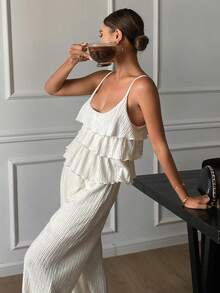 Dazy Tall Tall Women's Ruffle Strap Top And Elastic Waist Wide Leg Pants Vacation Style Set - Apricot - View 4