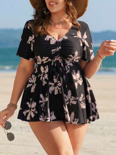 Swim Lushoire Plus Size Women Floral Print Front Drawstring Fashionable Swimdress With Swimshorts