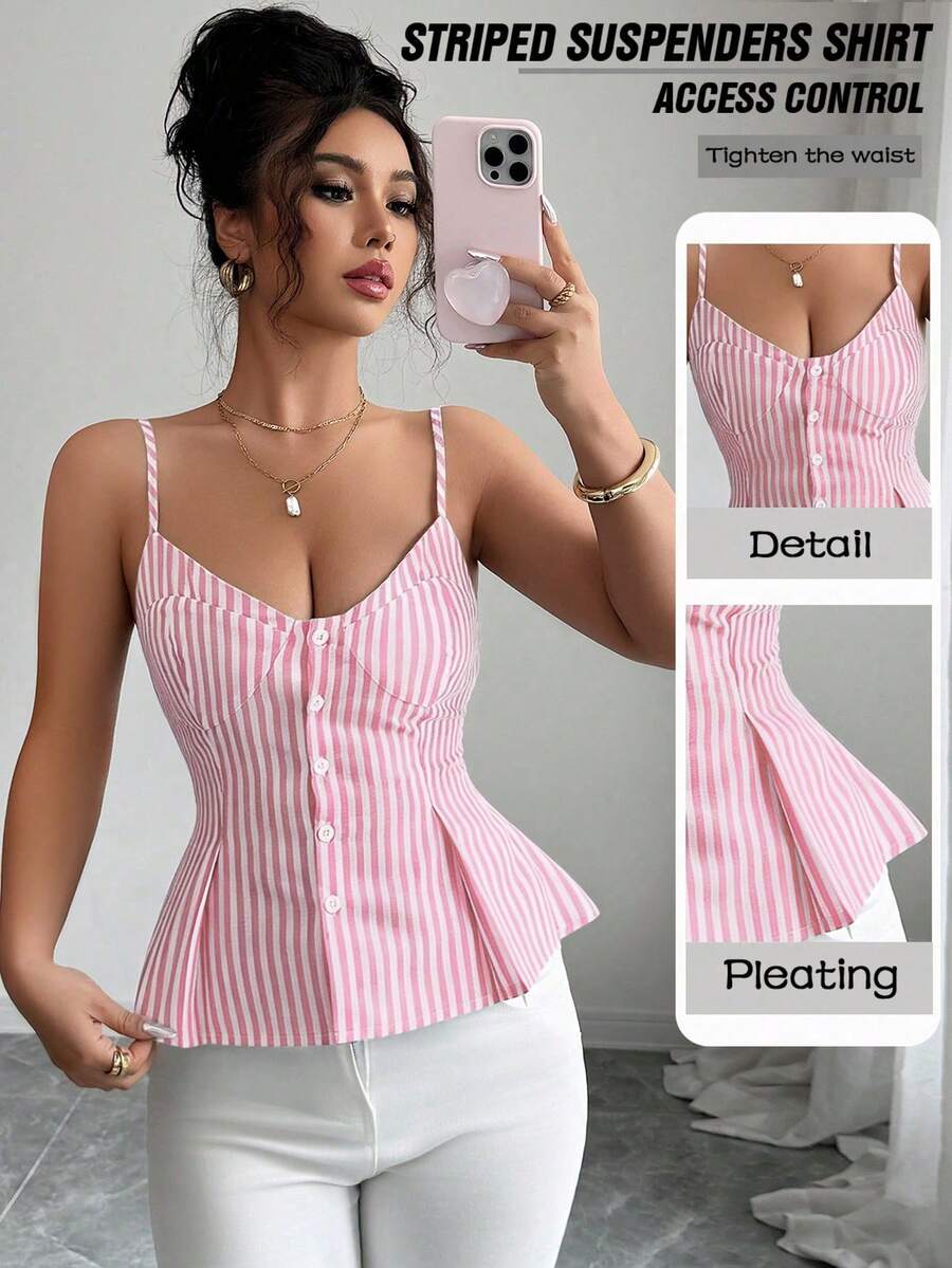 Elenzga Women's Cotton Striped Buttoned Pleated Elastic Camisole, Bohemian Style For Spring/Summer Vacation - Pink - View 1
