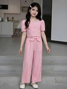 Elladie kids 2pcs/Set Girls Teens Summer Pink One-Shoulder Puff Sleeve Shirt With Faux Placket And Loose Straight Leg Pants Casual Outfit - Pink - View 3