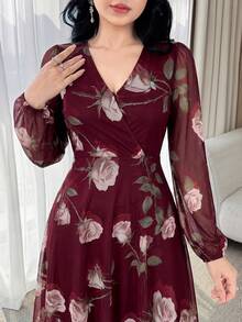 Feyla New Rose Flower Elegant Charming Elegant High-End Cinched Waist Dress For Women - Burgundy - View 3