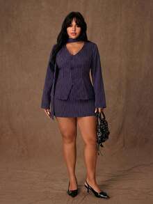 Rustia Plus Size Casual Striped Blazer & Mini Skirt 2 Pieces Set - Purple - View 3