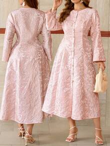 Roveilla 大码女士优雅复古浪漫提花A字连衣裙，适合婚礼、派对、春夏穿着 - 杏色 - 查看 9