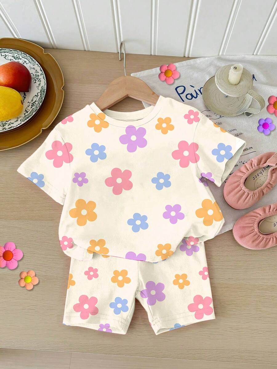 SHEIN LMoss Kids 2pcs Baby Girls Casual Floral Print T-Shirt And Shorts Set, Comfortable For Everyday Wear, Suitable For Summer - Multicolor - View 1