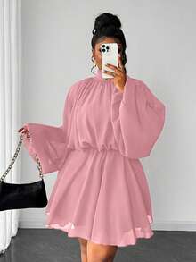 Maweii Plus Size Women's Solid Color Stand Collar Lantern Sleeve Pleated Fashion Dress - Pink - View 6
