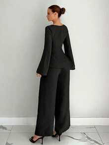 Siren Gaze Women's Solid Color Square Neck Flare Sleeve Top And Pants Suit, New Autumn Set - Black - View 2