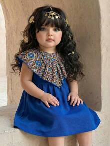 SHEIN Baby Girl Round Neck Geometric Print Shawl Collar Ruffle Elegant Party Dress - Multicolor - View 1