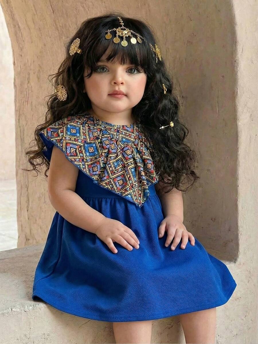 SHEIN Baby Girl Round Neck Geometric Print Shawl Collar Ruffle Elegant Party Dress - Multicolor - View 1